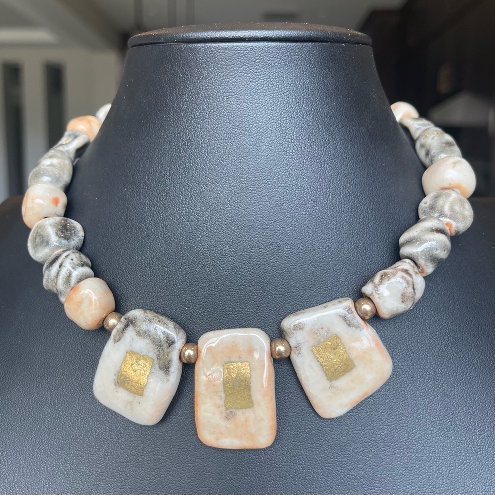 Ceramic Beaded Geometric Statement Necklace Artis… - image 5